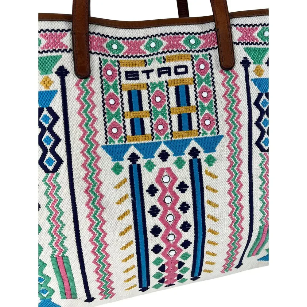 ETRO Embroidered Canvas Shopper Tote Bag Neutrals‎